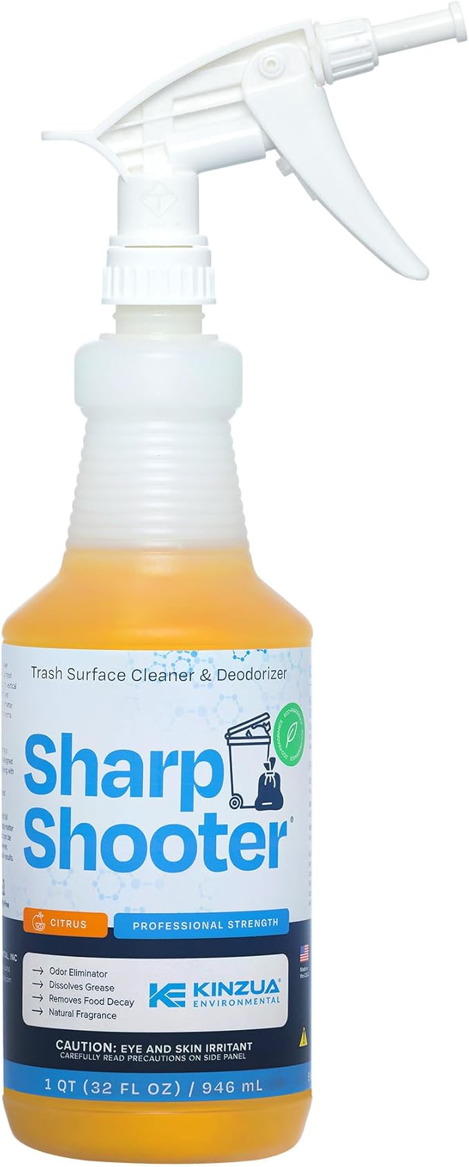 KINZUA ENVIRONMENTAL Sharpshooter, Heavy-Duty Trash Can Odor Eliminator & Degreaser, Garbage Surface Cleaner and Deodorizer Foam, Professional-Grade, Fresh Citrus Scent, 32 oz