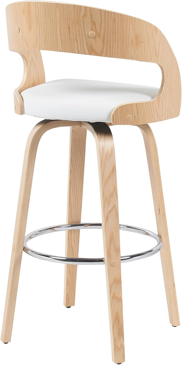 Shelly Modern Bar Height Swivel Stool in Patterned Oak Finish with White Faux Leather Upholstered Seat Set of 3