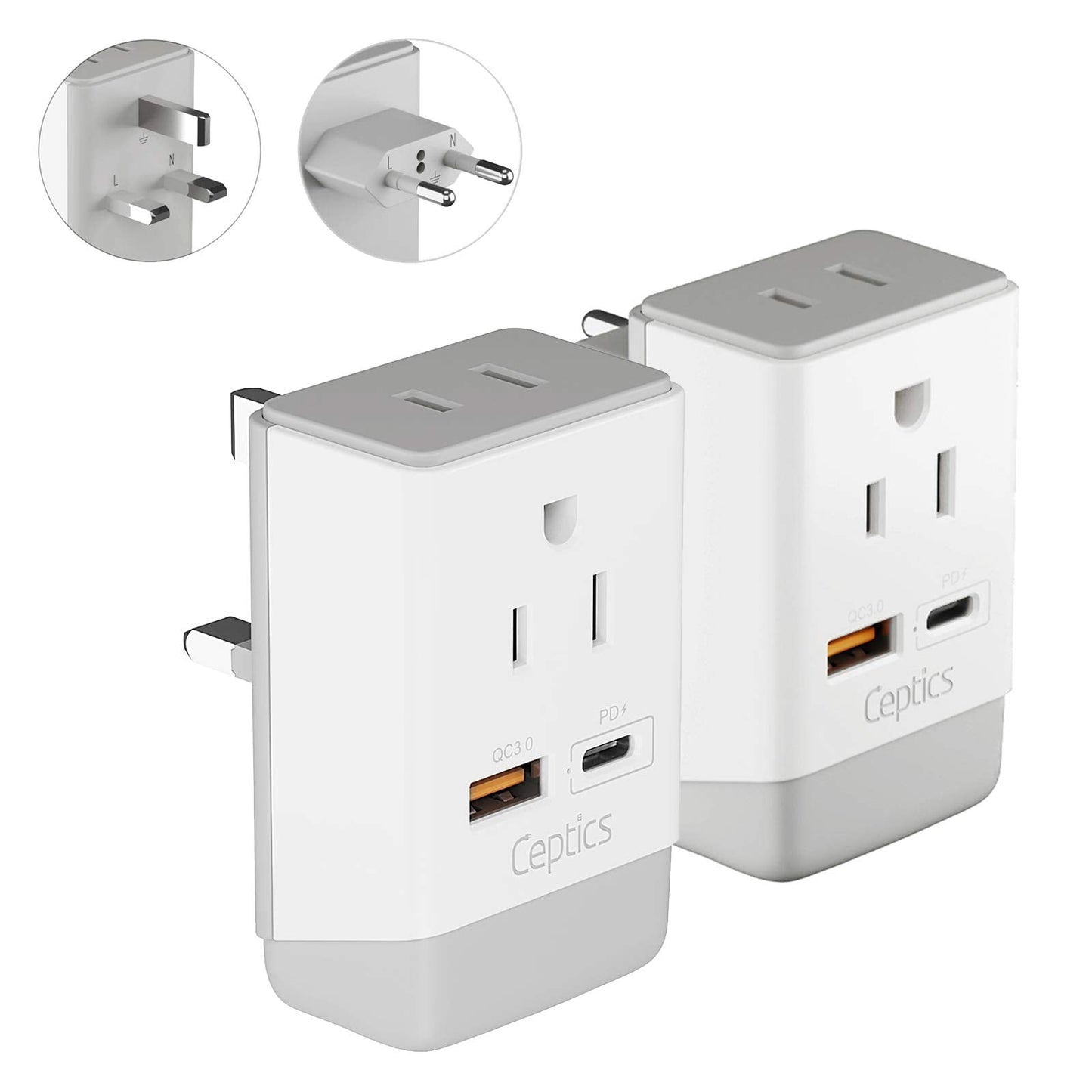 Ceptics European Plug Adapter 2 Pack Set, Qc 3.0 & Pd, Safe Dual Usb & Usb-C - 2 Usa Socket - Compact & Powerful - Type C (Europ