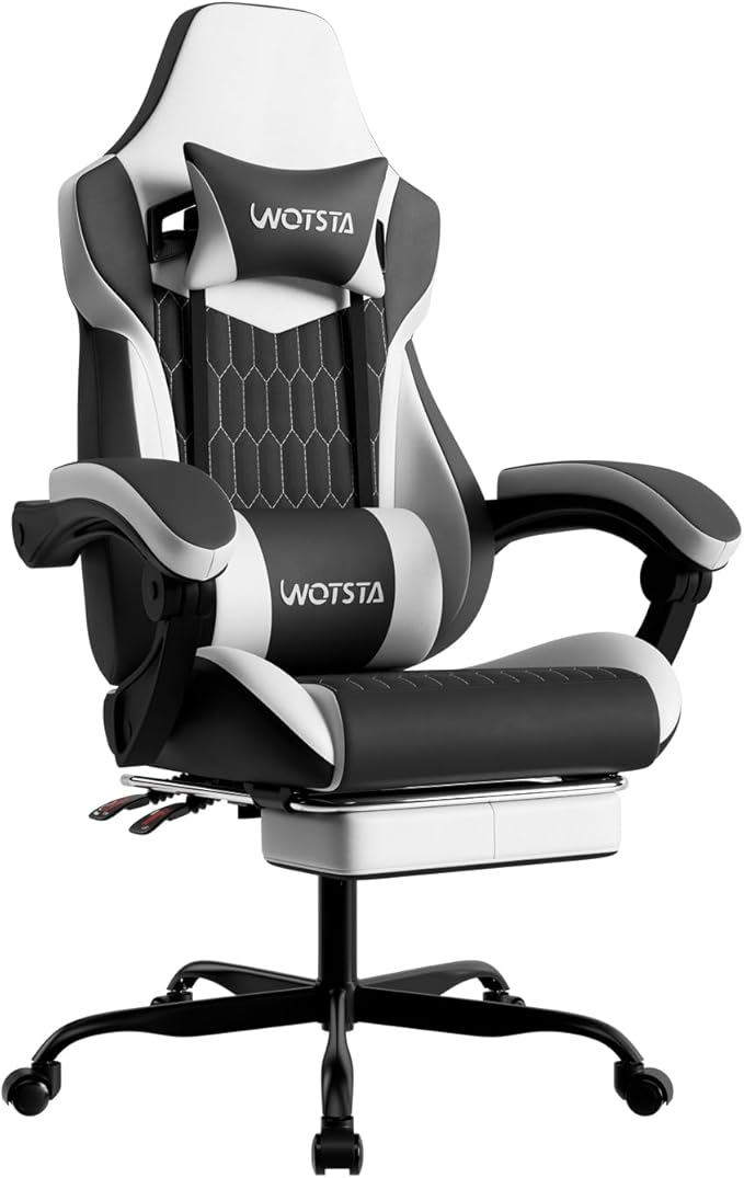 Gaming Chair with Footrest, High Back Gaming Chairs PVC Leather Ergonomic Gamer Chair with Adjustable Headrest Lumbar Support Racing Style Video Gaming Chair for Office/Home (Black White)