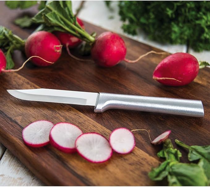 Rada Cutlery 7-piece Starter Knife Gift Set (S38) with Quick Edge Sharpener (R119), Stainless Steel Hollow Ground Blades, Made in USA, Silver Handles