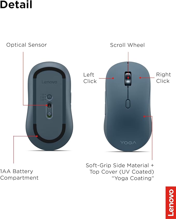 Lenovo Yoga Bluetooth Silent Mouse, 3 Level DPI Adjustment, 36 Month Battery Life, Bluetooth 5.3, 3 Device Paring, Whisper Quiet, Programmable Buttons, Smooth Finish, Tidal Teal