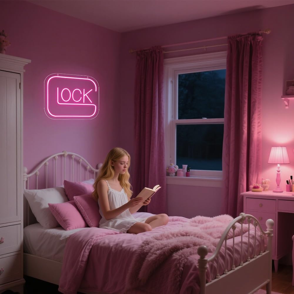 Lock Neon Sign,Pink Dimmable LED Light Signs for Wall Art Decor,Game Backdrop for Bedroom Club Party Man Cave Game Room Bar,Gaming Gift for Boys Teen Men USB Powered（11.4"*9.7"）