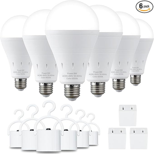 6 Pack Rechargeable Emergency Light Bulbs, Battery Powered Energy Efficient LED Light Bulb 6000K Daylight E26 120 Volt 9W 60W Equivalent with 1200mAh for Home Power Outage Camping Hurricane