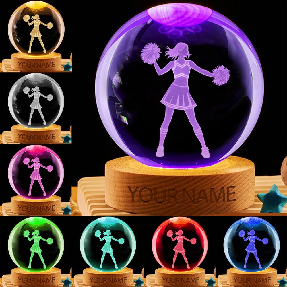 Personalized Cheerleader Crystal Night Light Gift for Women, Custom Name/Number Cheerleader 3D Crystal Ball Night Light Lamp for Bedroom Room Dance Decor Party Bar Christmas Birthday Gift