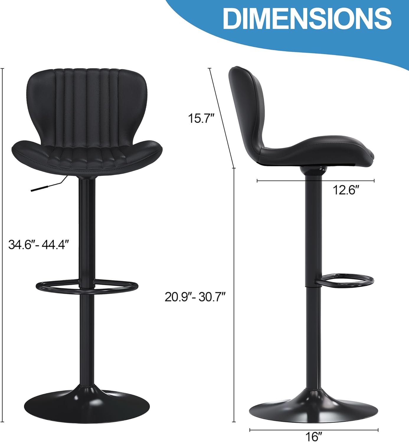 Shintenchi Bar Stools Set of 6 Modern Swivel Bar Chairs, Counter Height Faux Leather Metal Barstools, Upholstered Island Chairs with Back and Footrest, Black
