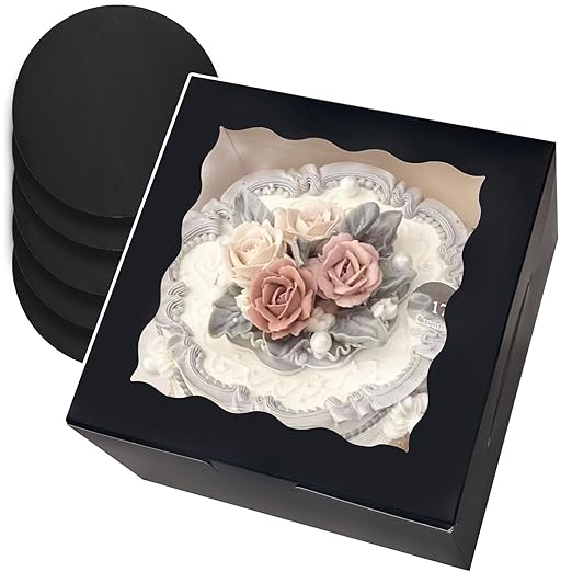 qiqee 8x8x5 Cake Box, 18 Sets Black Cake Box with Window ＆ 18 Sets 8" Black Cake Round Boards, 8inch Cake Containers