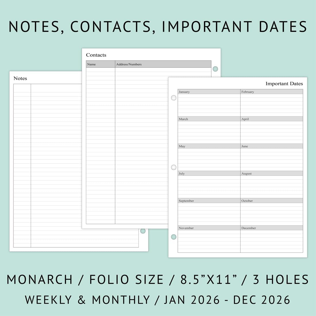 newestor 2026 Weekly Planner Refills for 3-Ring Binder with Monthly Tabs, Two Pages Per Week, 8-1/2" x 11", Folio Size 5 / Monarch