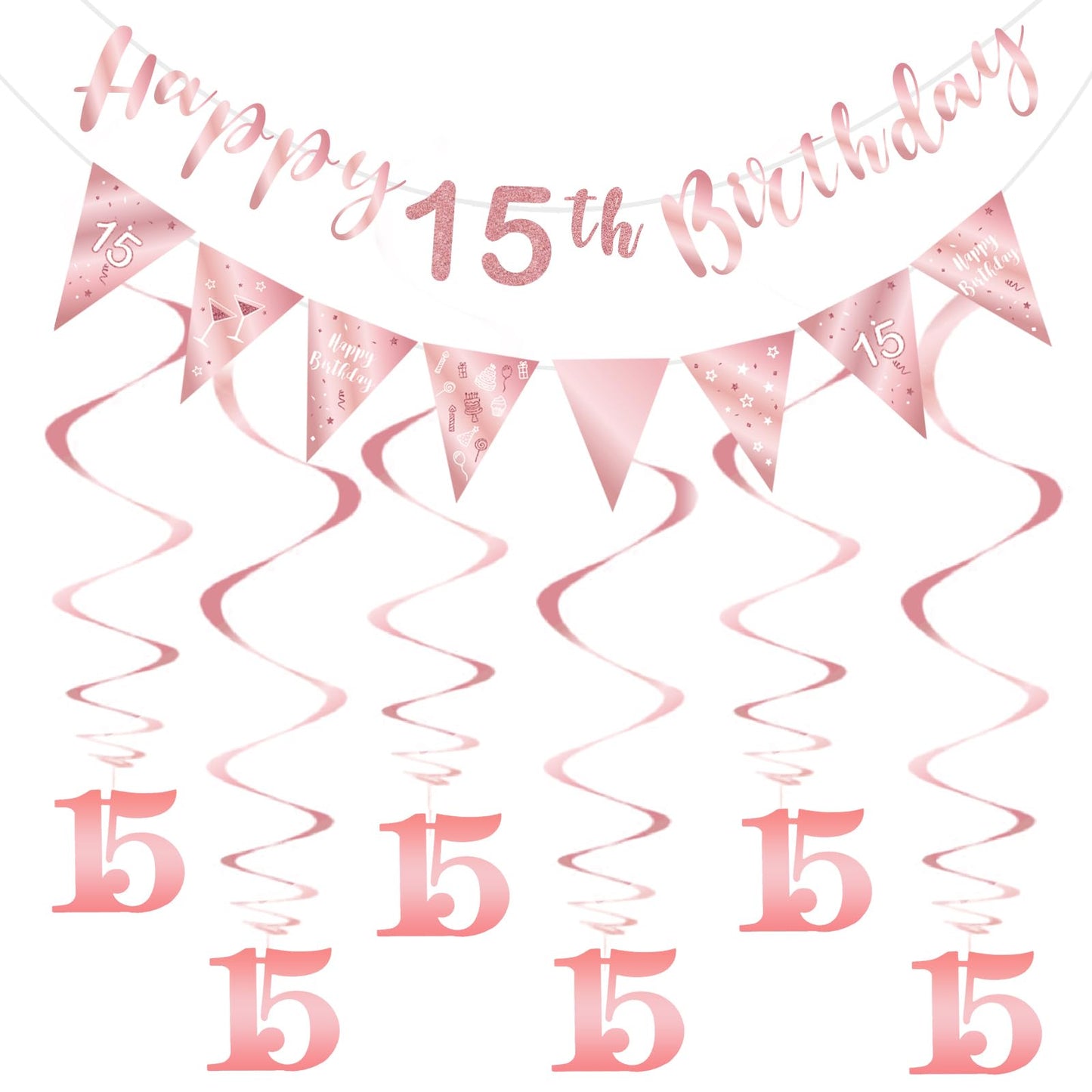 BRT Bearingshui 15th Birthday Decoration Kit for Girls, Happy 15th Banner Bunting Swirls Streamers, Triangle Flag Banner for Party Decorations, Rose Gold 15th