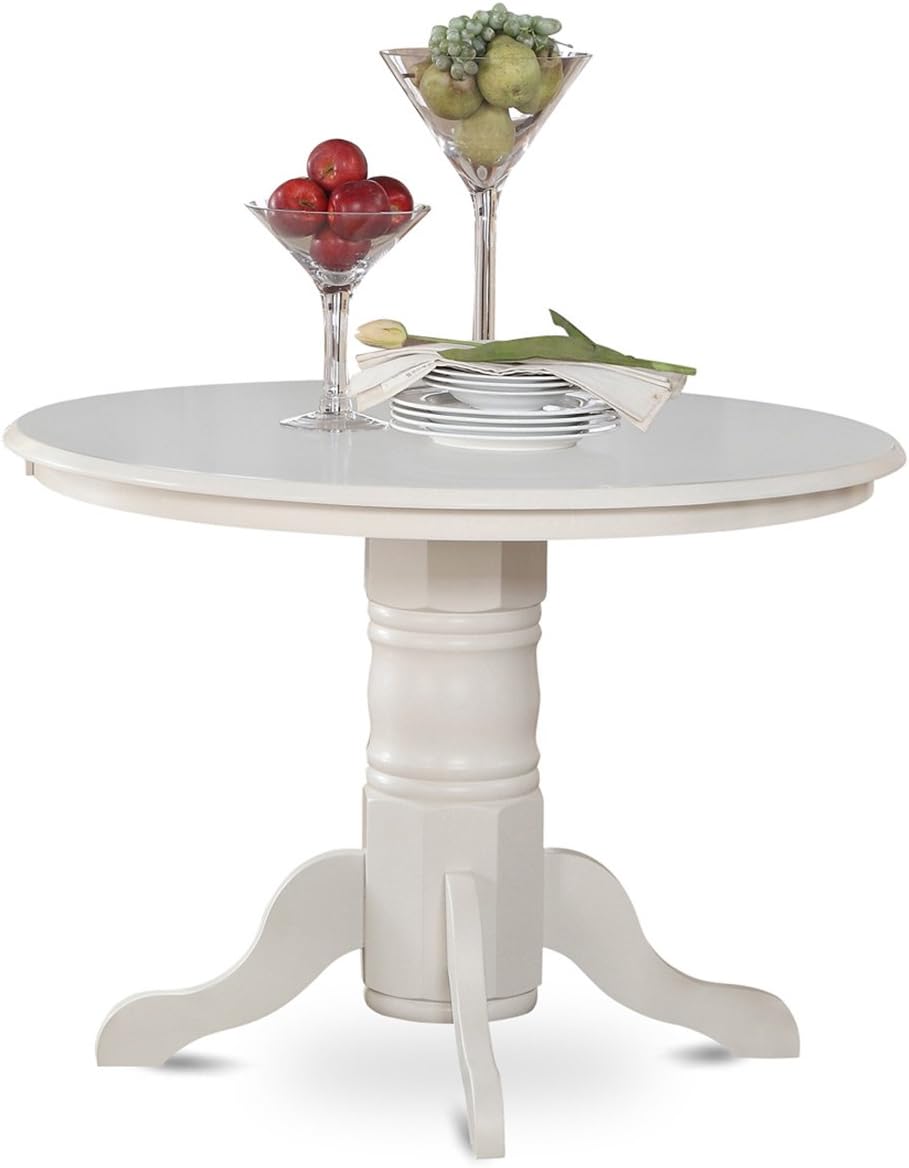 East West Furniture SHNO5-LWH-W 5 Piece Kitchen Table & Chairs Set Includes a Round Dining Room Table with Pedestal and 4 Solid Wood Seat Chairs, 42x42 Inch, Linen White