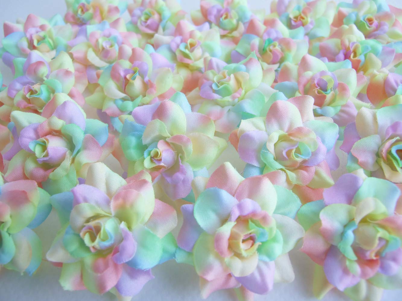 ICRAFY (24) Silk Rainbow Pastel Tones Roses Flower Head - 1.75" - Artificial Flowers Heads Fabric Floral Supplies Wholesale Lot for Wedding Flowers Accessories Make Bridal Hair Clips Headbands Dress