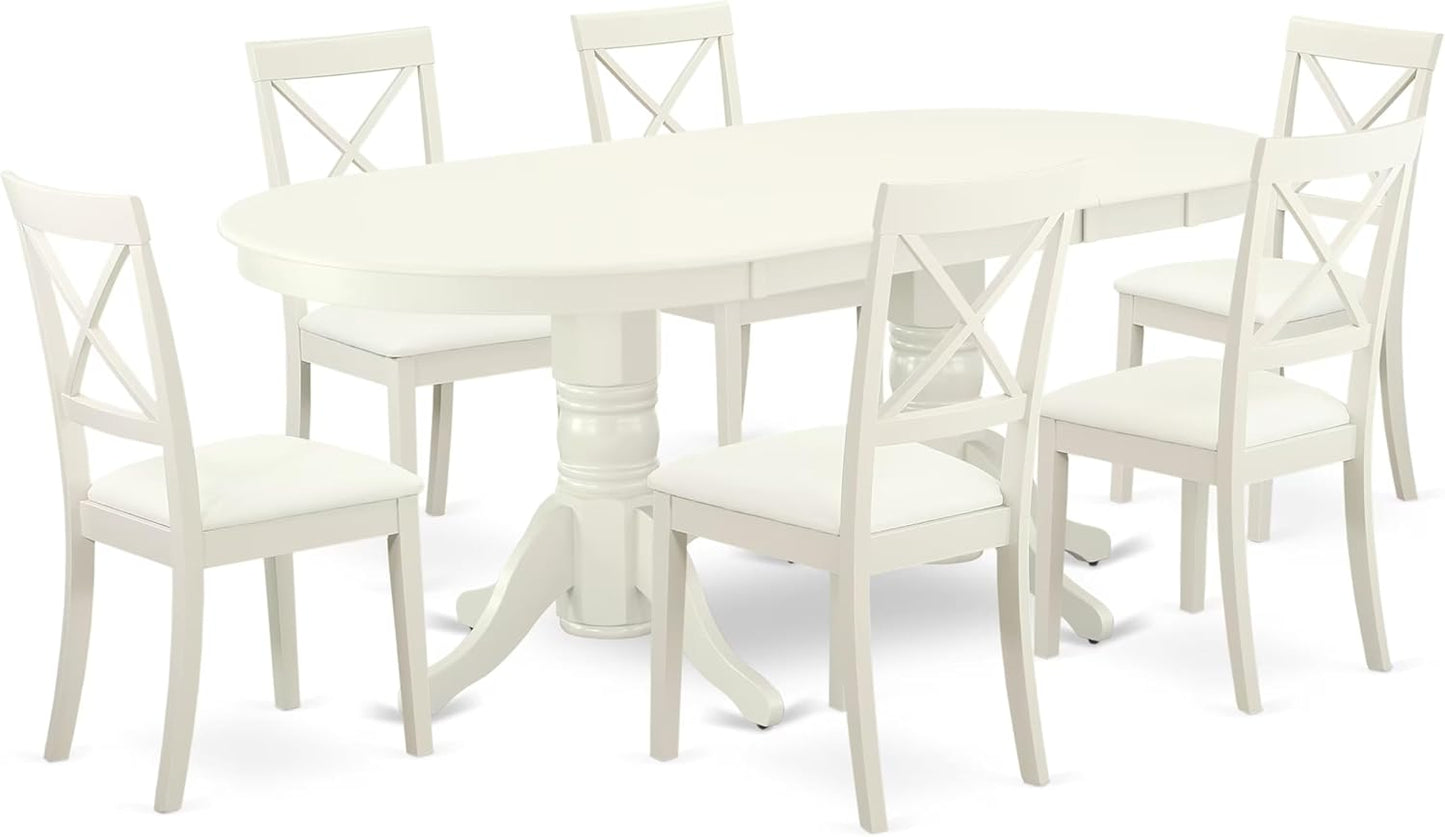 East West Furniture VABO7-LWH-LC 7 Piece Dining Table Set Consist of an Oval Dinner Table with Butterfly Leaf and 6 Faux Leather Dining Room Chairs, 40x76 Inch, Linen White