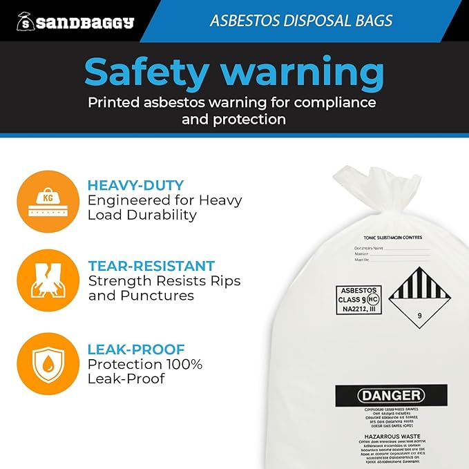 Asbestos Disposal Bags – 33" x 50" Clear Polyethylene, 6 Mil, Made in USA - Sandbaggy (10)