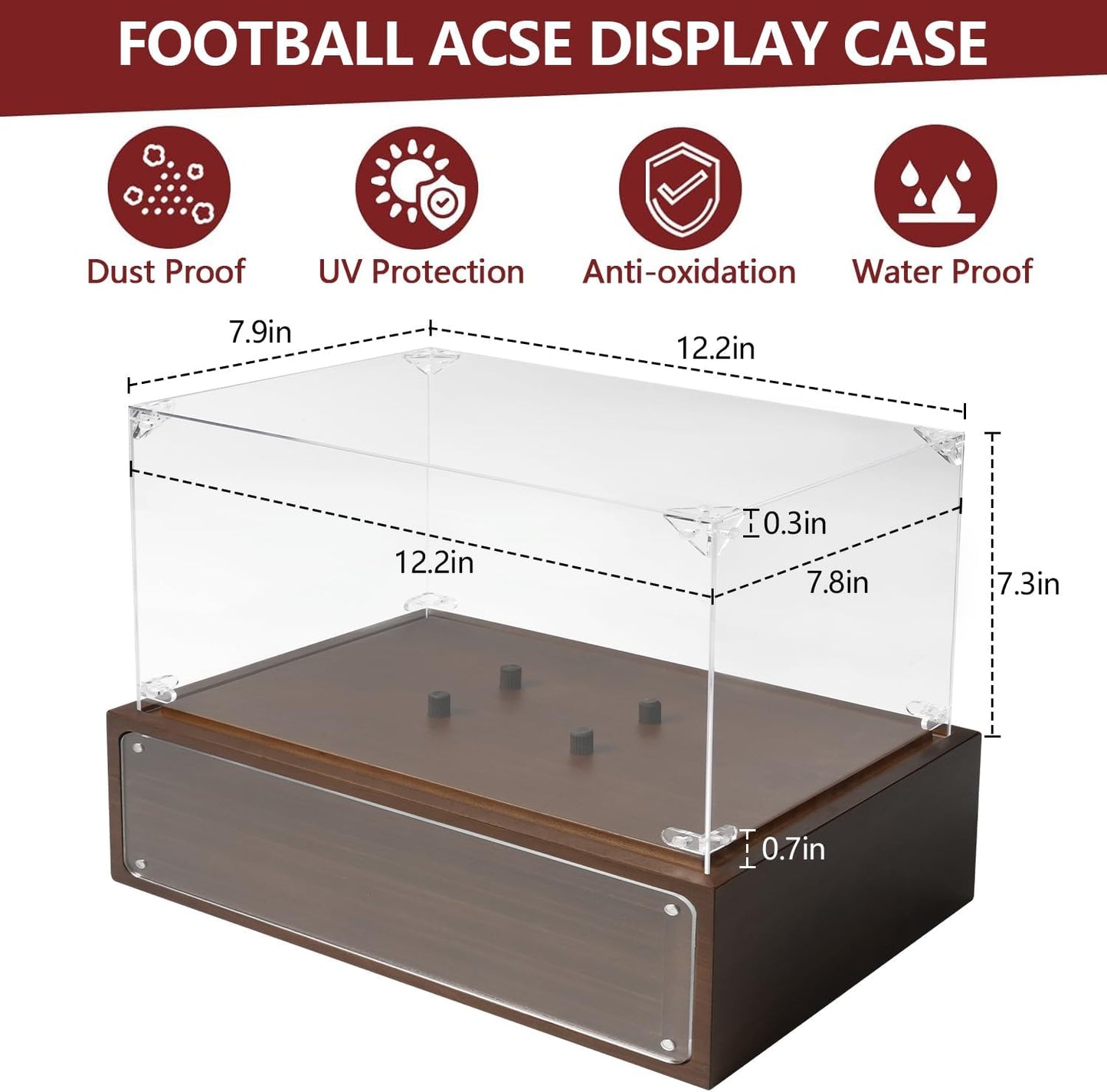 Football Display Case Stand with Solid Wood Base, Uv Protected Acrylic Rugby Case Display Clear Autographed Football Holder, Standard Memorabilia Keepsake Required Football Display Box