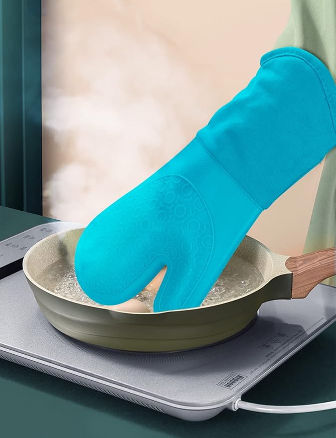 sungwoo Silicone Oven Mitts, Heat Resistant Oven Gloves with Quilted Liner Non-Slip Textured Grip Perfect for BBQ, Baking, Cooking and Grilling - 1 Pair 13.8 Inch Turquoise