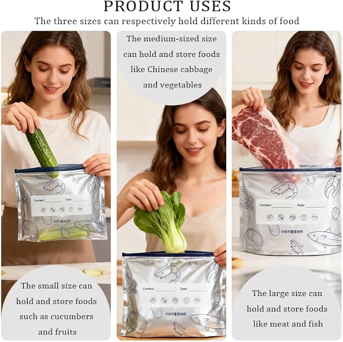 30PCS Reusable Aluminum Foil Storage Bags – Resealable Stand-Up Zip Lock Pouches with Labels, Durable Vacuum Sealable Bags for Vegetables, Fruit, Meat & Snacks (3 Sizes)