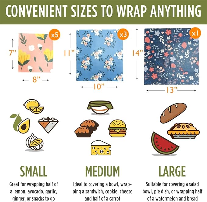 Natural Beeswax Food Wraps 9 Pack– Reusable with Multi-function brush, Stylish & Plastic-Free for Fresh Zero-Waste Kitchens wraps for bread,sandwich