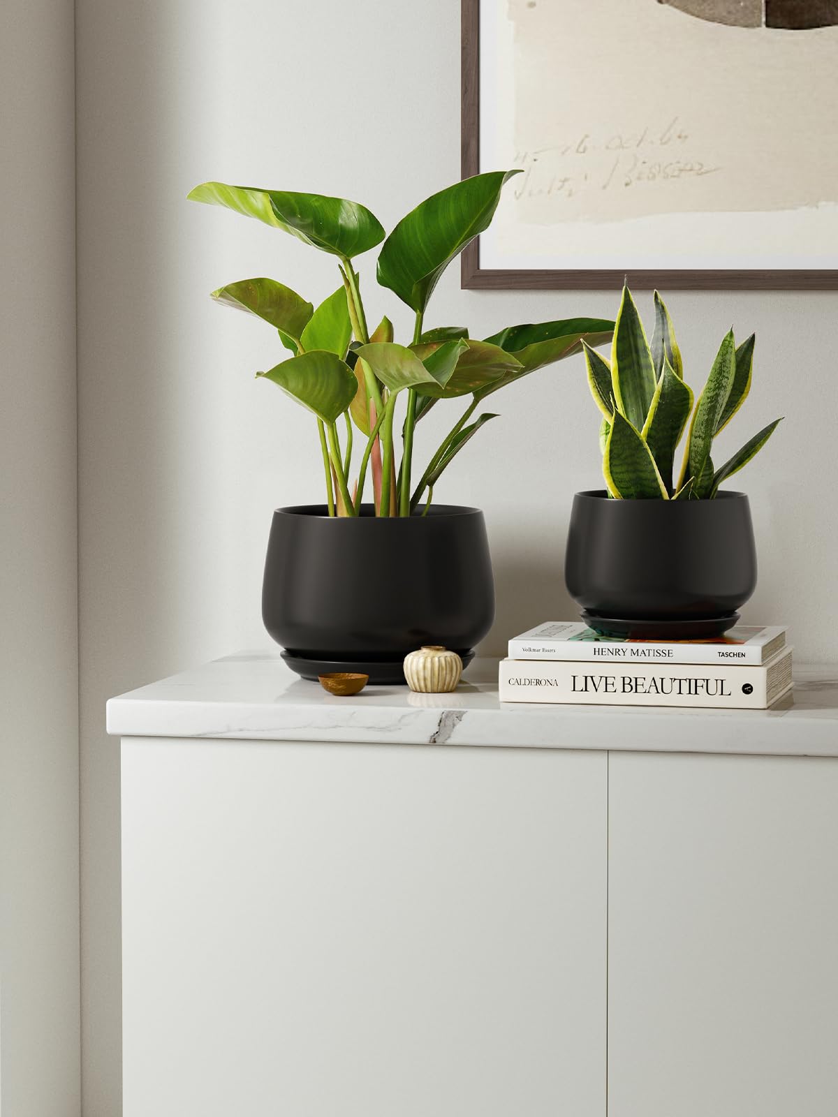 LE TAUCI Plant Pots, 4.1+5.1+6.5 inch, Set of 3, Ceramic Planters with Drainage Hole and Saucer, Indoor Flower Pot with Hole Mesh Pad, Gifts for Mom, Black