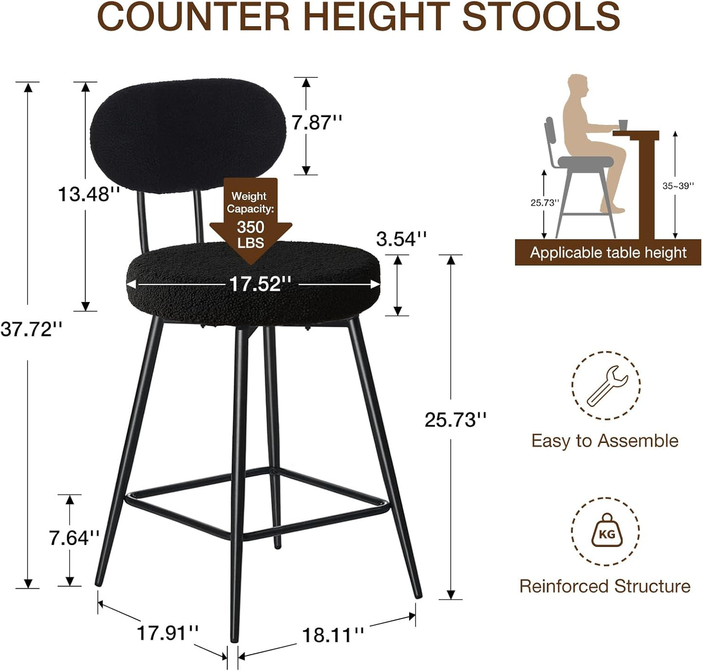 HOMMPA Counter Height Swivel Bar Stools Set of 4 Boucle Barstools 26'' Upholstered Modern Counter Barstools with Back Metal Legs Bar Stools Chairs for Kitchen Counter Island Black