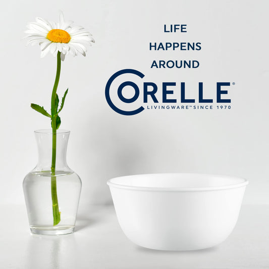 Corelle Vitrelle 28-oz Soup/Cereal Bowls Set of 6 Chip & Crack Resistant Dinnerware Bowls for Soup, Ramen, Cereal and More, Triple Layer Glass, Winter Frost White