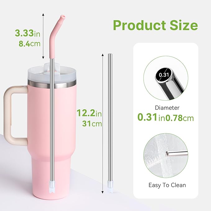 12.2'' Long Metal Straws With Silicone Tip For Stanley 40 oz Tumbler,Stainless Steel Straws Replacement for Stanley Quencher 40oz Cups,Reusable Dishwasher Safe Fit Simple Modern 40oz Big Mugs& Jar
