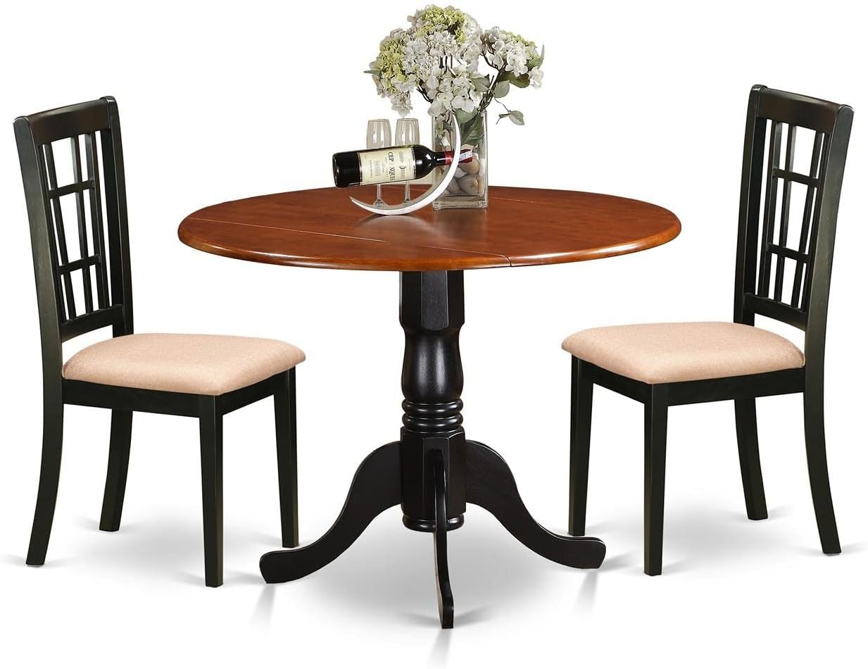 East West Furniture DLNI3-BCH-C 3 Piece Kitchen Table Set for Small Spaces Contains a Round Dining Table with Dropleaf and 2 Linen Fabric Dining Room Chairs, 42x42 Inch, Black & Cherry