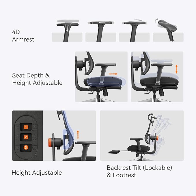 Newtral Ergonomic Home Office Chair-Office Desk Chair with Footrest, Auto-Following Backrest & Headrest, 4D Armrests, 96°-136° Recline (Black, with Laptop Table)