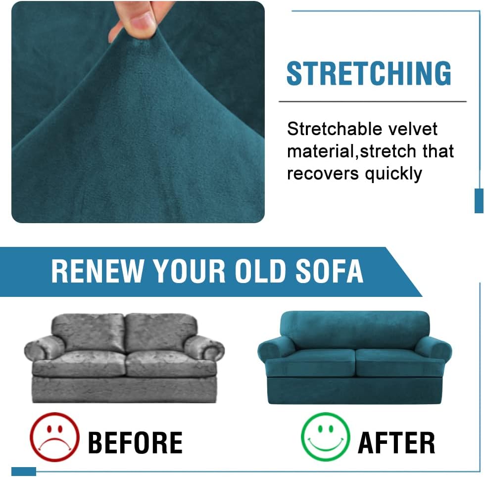 H.VERSAILTEX Sofa Cover 3 Piece T Cushion Loveseat Slipcovers Thick Velvet Couch Cover Furniture Protector Stretch T Cushion Sofa Covers for 2 Cushion Couch with 2 T Cushion Covers Washable, Deep Teal