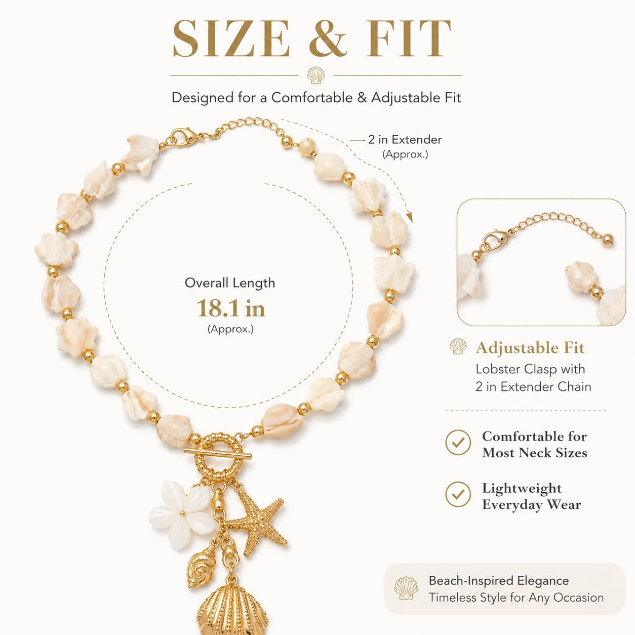 Shell Starfish Necklace for Women Gold Tone Layered Beach Jewelry Pearl Seashell Charm Adjustable Coastal Necklace for Summer Vacation Outfits Gifts