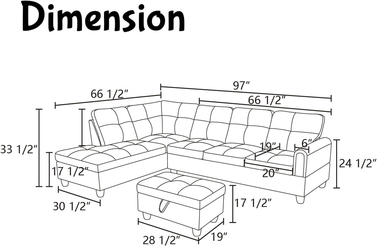 Modern Living Room Furniture Sets with Pillows, Modular Sectional Couches with Chaise Lounge, 4-Seaters L Shape Sofa with Storage Ottoman, for Living Room, Grey