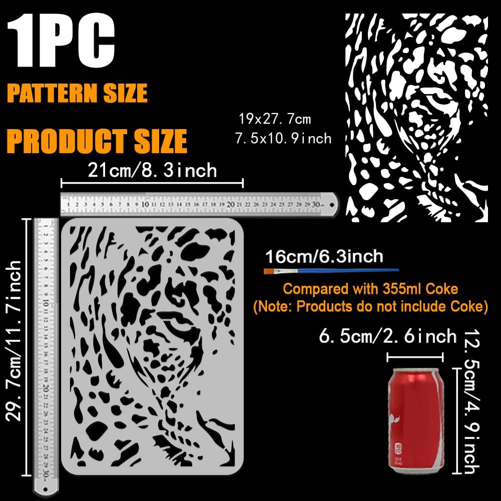 FINGERINSPIRE Peep Leopard Stencil with a Paint Brush 11.7x8.3Inch Abstract Leopard Pattern Painting Stencil Reusable PET Animal Themes Decoration Template for Painting on Wood Wall Floor Furniture