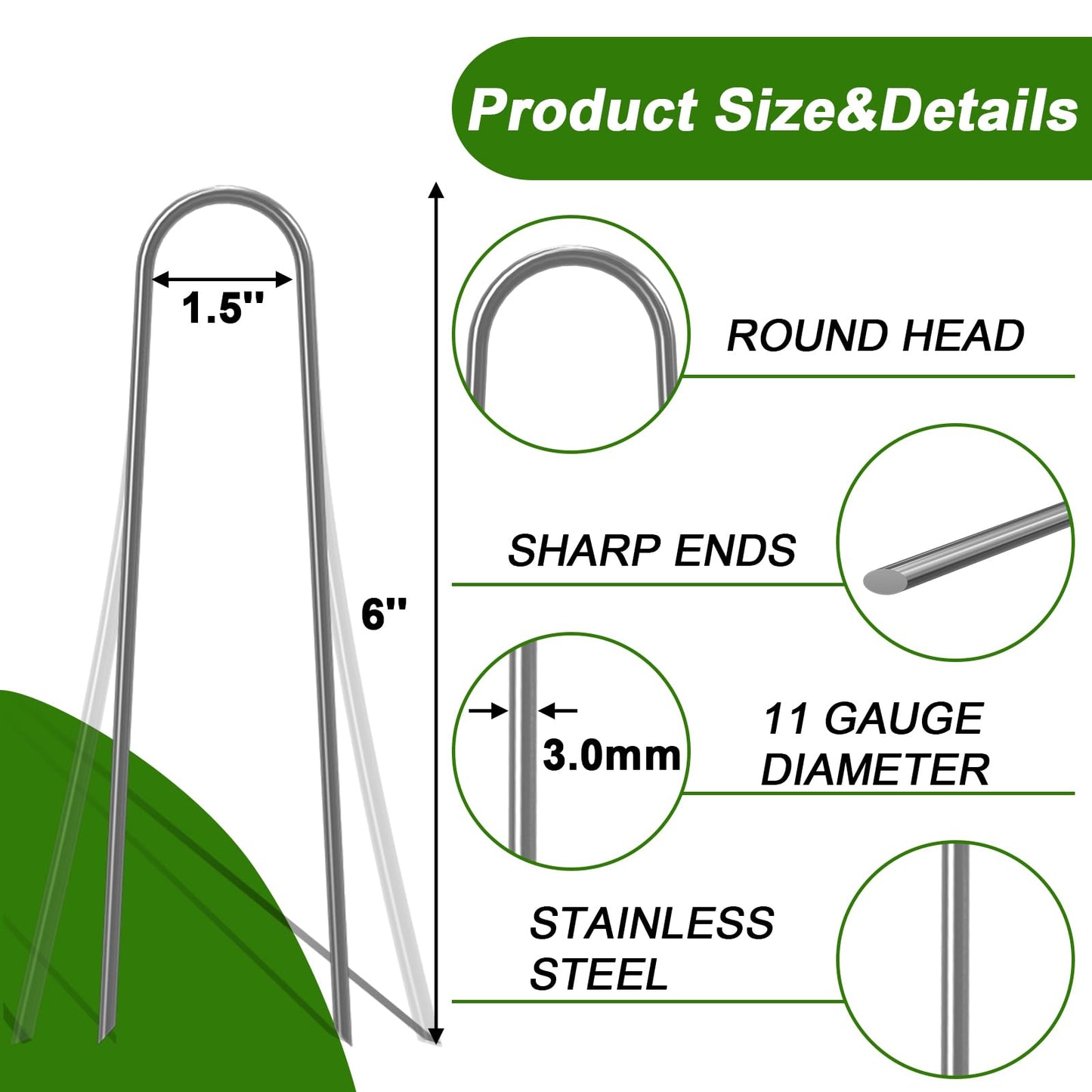 AAGUT Garden Stakes, Yard Landscape Staples Heavy Duty Galvanized 11-Gauge 6 Inch Lawn U Pins for Dog Fence,Tubing Drip Irrigation Hose, Chicken Wire, Weed Barrier Fabric 200 Pack