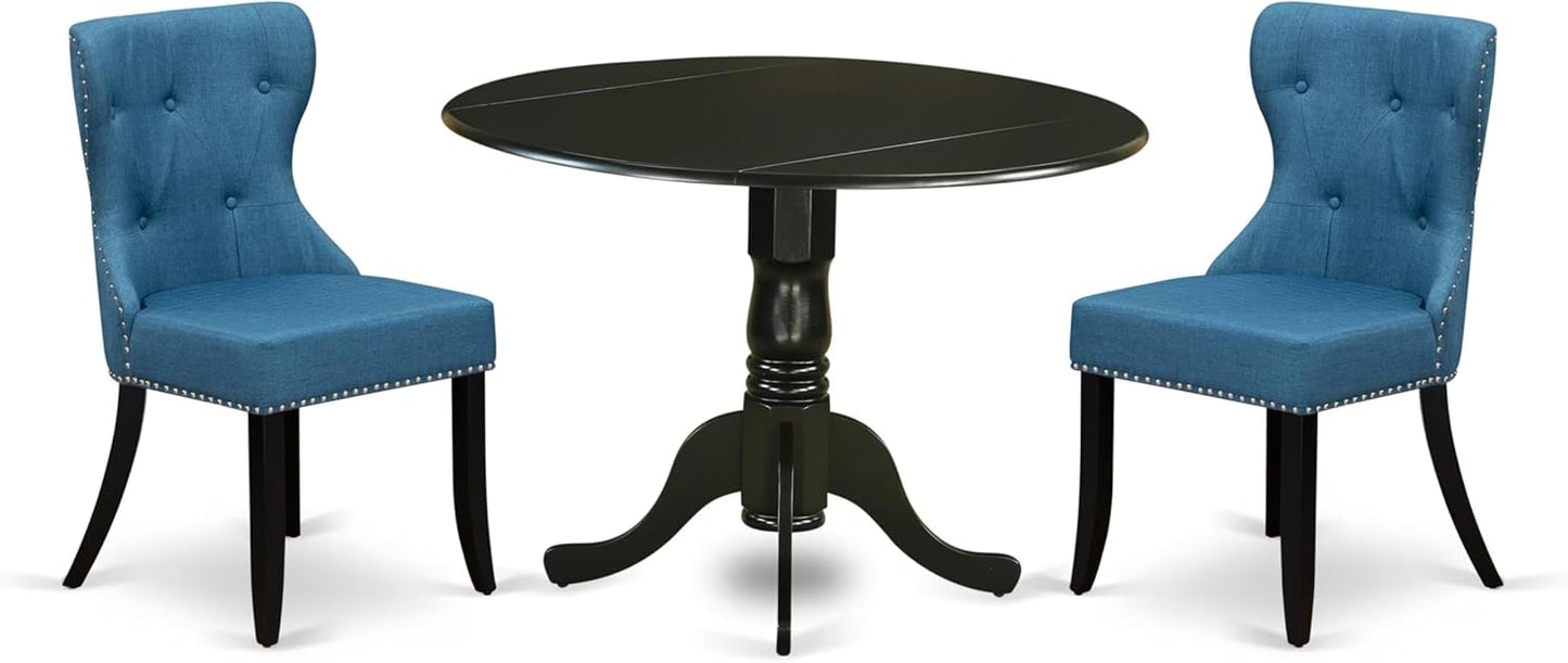 East West Furniture DLSI3-BLK-21 3 Piece Dining Table Set for Small Spaces Contains a Round Dining Room Table with Dropleaf and 2 Blue Linen Fabric Parsons Chairs, 42x42 Inch, Black