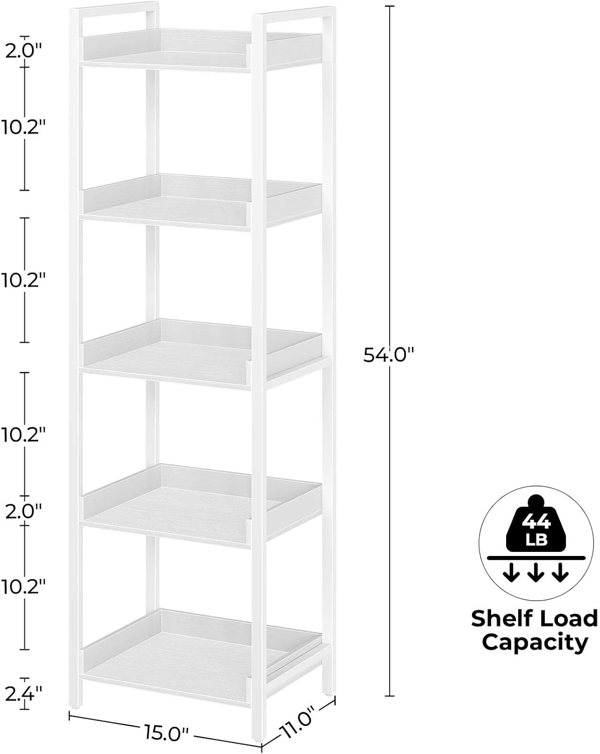 Rolanstar Bookshelf, 5-Tier Storage Rack, Narrow Corner Bookshelf, Display Wooden Shelves for Living Room, Bathroom, Balcony, Kitchen,White