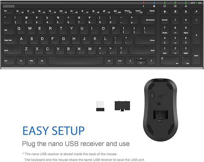 Arteck 2.4G Wireless Keyboard and Mouse Combo HW193MW162 Stainless Ultra Slim Full Size Keyboard and Ergonomic Mouse for Computer Desktop PC Laptop and Windows 11/10/8/7 Build in Rechargeable Battery