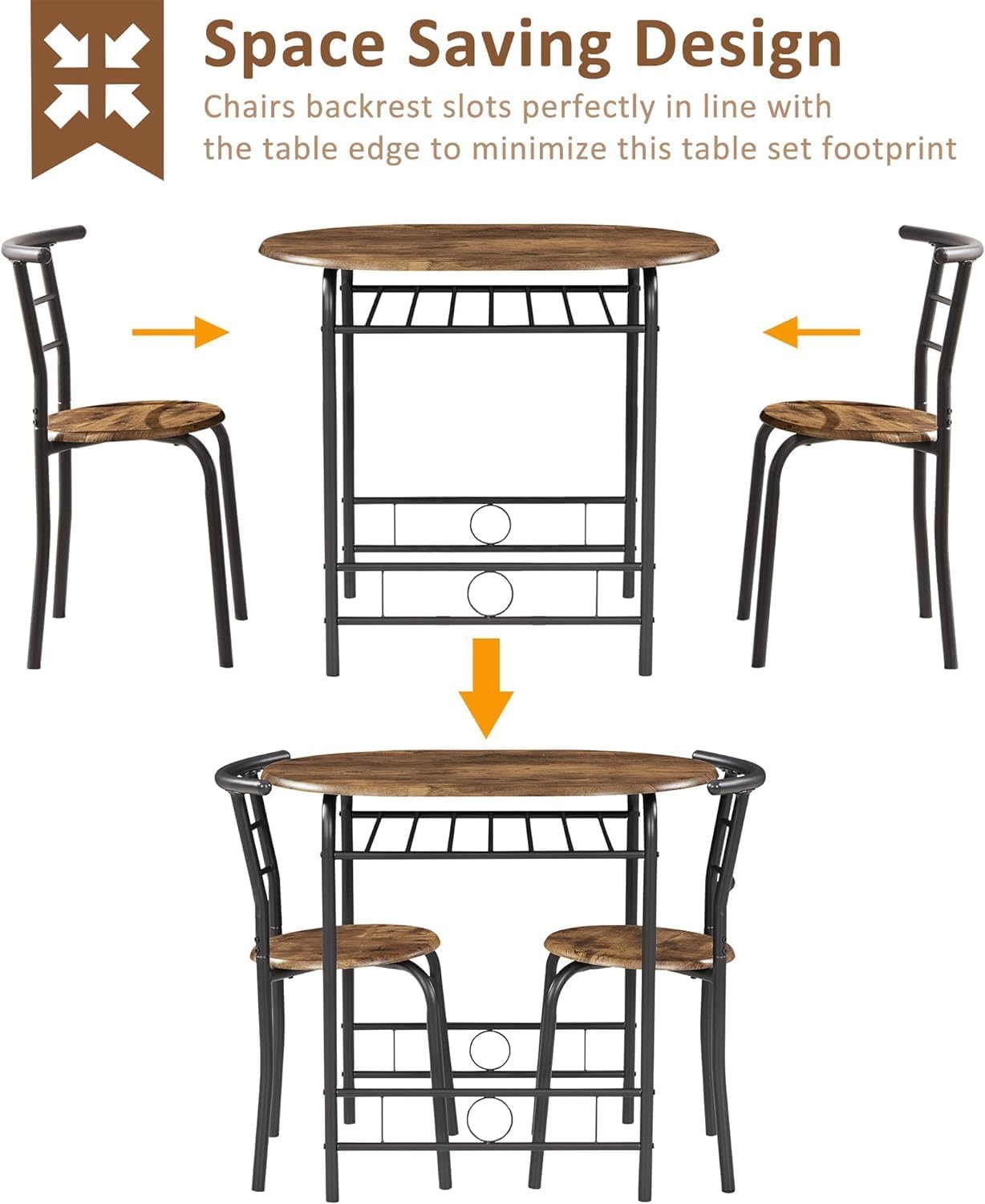 VECELO 3-Piece Dining Table Set for Kitchen Breakfast Nook, Wood Grain Oval Tabletop and Metal Frame with Built-in Wine Rack, for Small Spaces, 31.5", Antique & Black