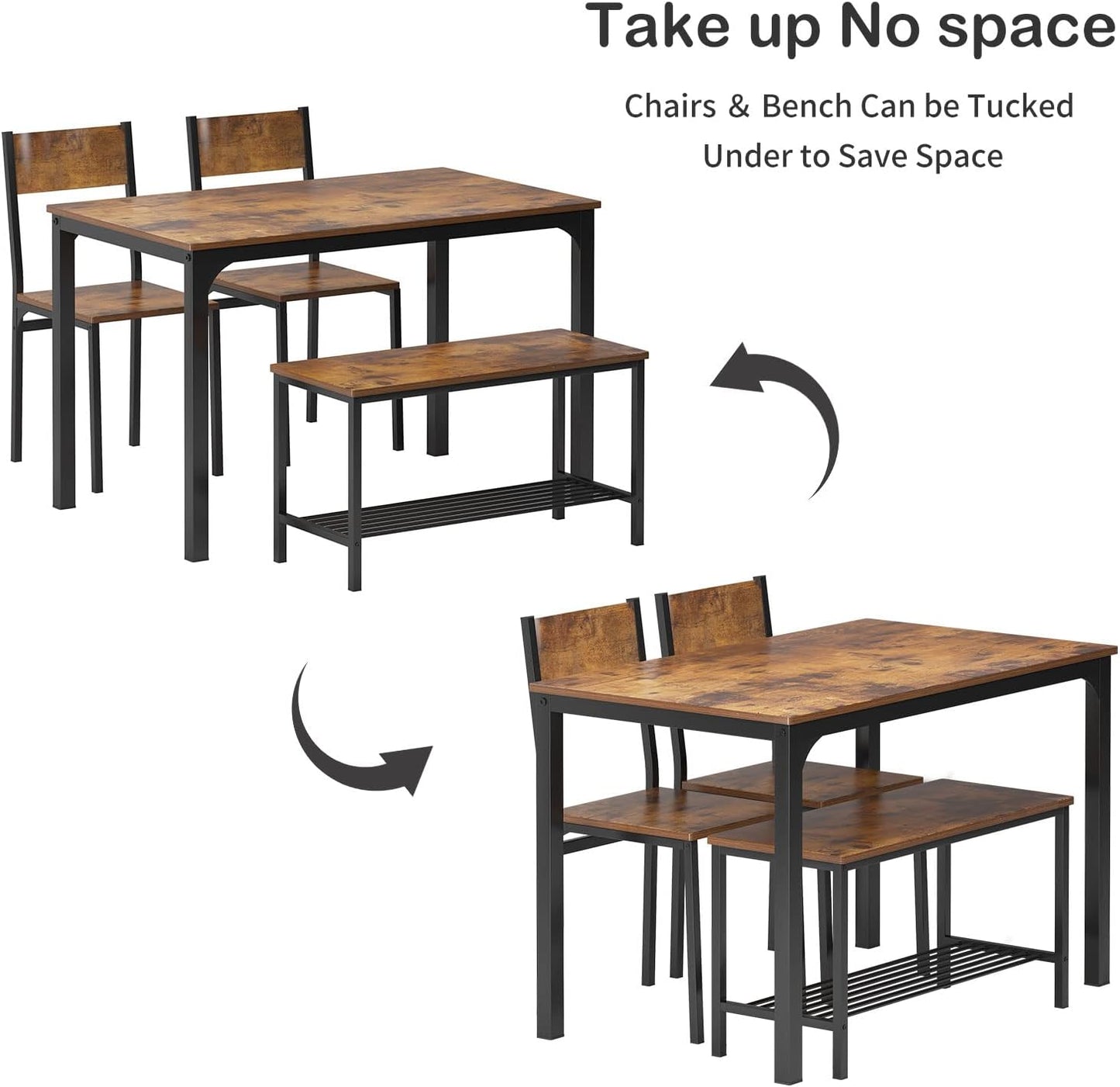 SogesHome 4-Piece Kitchen Table and 2 Chairs for 4 with Bench, Dining Table Set for Small Space, Apartment, Living-Room, Restaurant, Vintage Brown