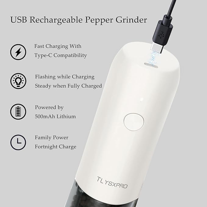 Electric Salt and Pepper Grinder Set, USB Rechargeable, Automatic Salt and Pepper Mill Grinder with Adjustable Coarseness, Electric Salt Shakers, LED Light, Refillable (2 Packs, White)