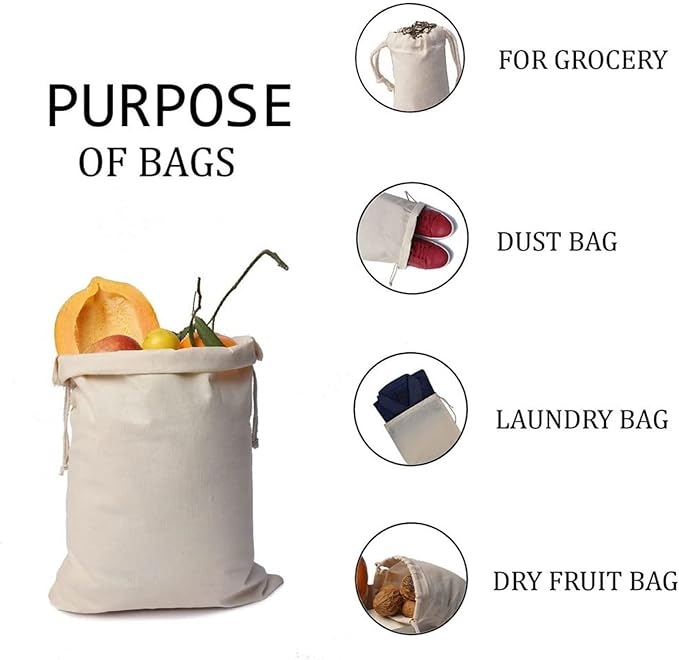 100Pcs 12 x 16 Inches Premium Cotton Muslin Double Drawstring Bags, Reusable Bag Natural Cotton Bags with Drawstring Produce Bags Bulk Gift Bag Jewelry Pouch for Party Wedding Home Storage
