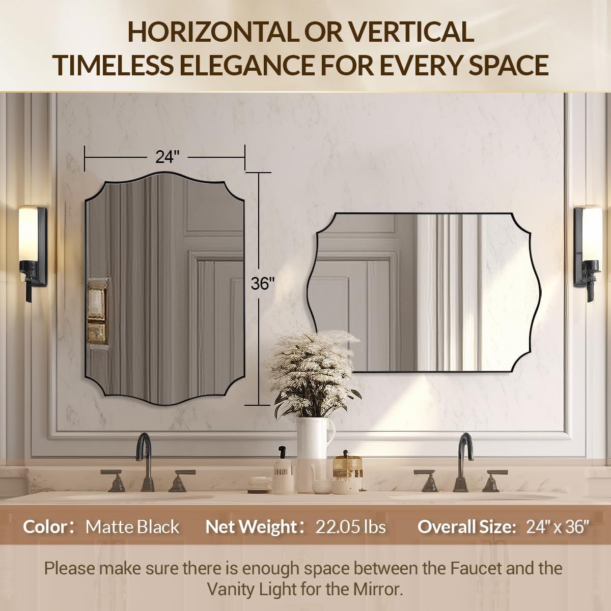 Black Wall Mirror, 24x36 Scalloped Mirror for Bathroom, Anti-Rust Metal Frame Vanity Mirrors for Living Room, Bedroom, Fireplace