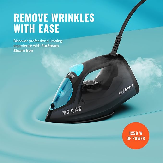 PurSteam Professional 1250W Steam Iron | Powerful Steamer with Burst of Steam & Spray | Non-Stick Soleplate, Easy Temperature Control & Auto Shut-Off