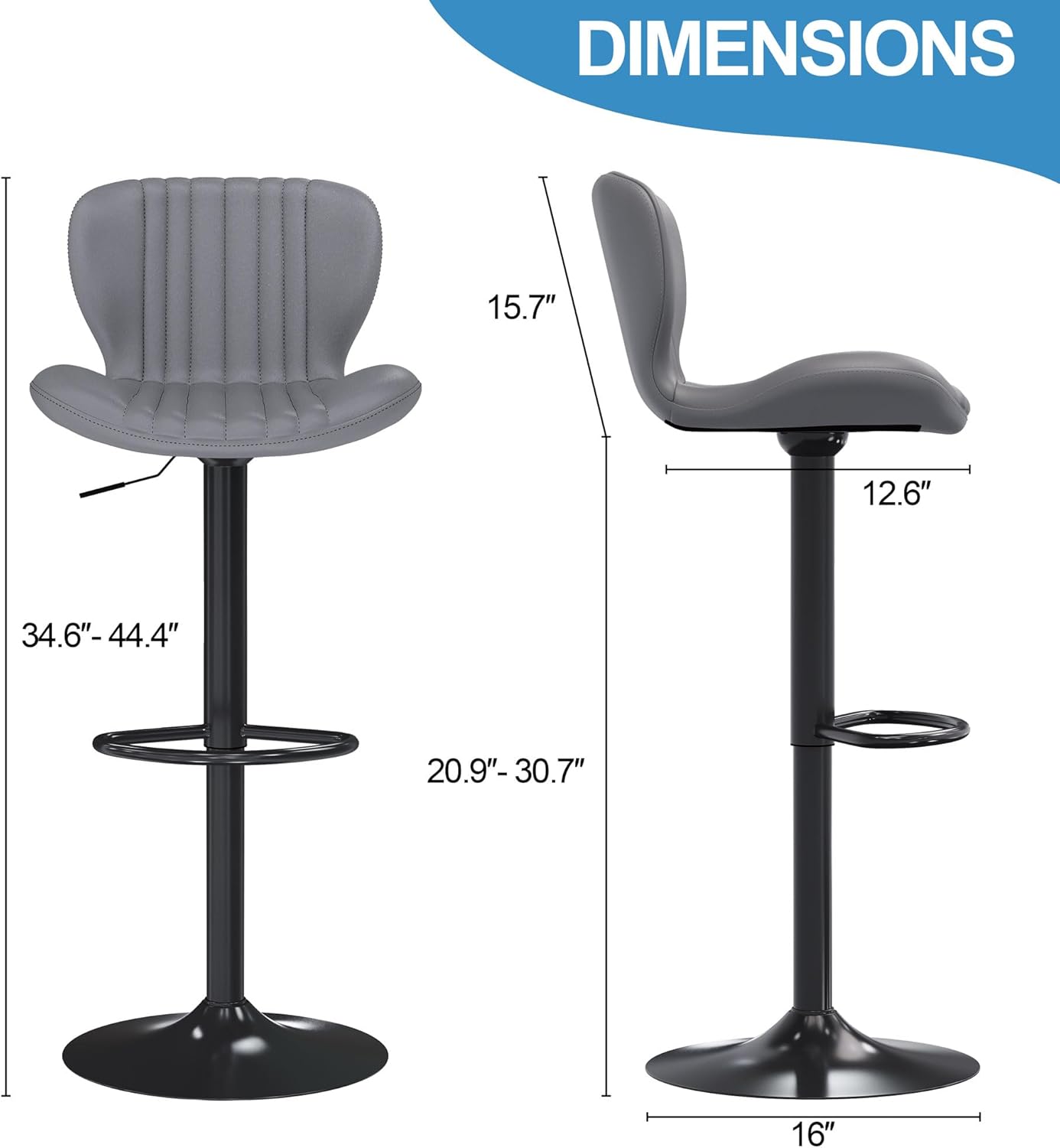 Shintenchi Bar Stools Set of 2 Modern Swivel Bar Chairs, Counter Height Faux Leather Metal Barstools, Upholstered Island Chairs with Back and Footrest, Gray