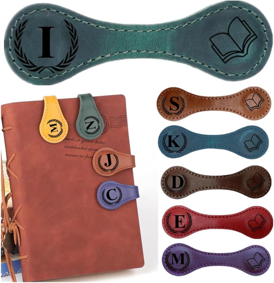 Personlized Magnetic Leather Bookmarks with Initials, Customized Book Marks Clip 26 Letters Bookmark for Reading Women, Men, Kids,Cute Book Markers Meaningful Gift for Book Lovers (Green, I)