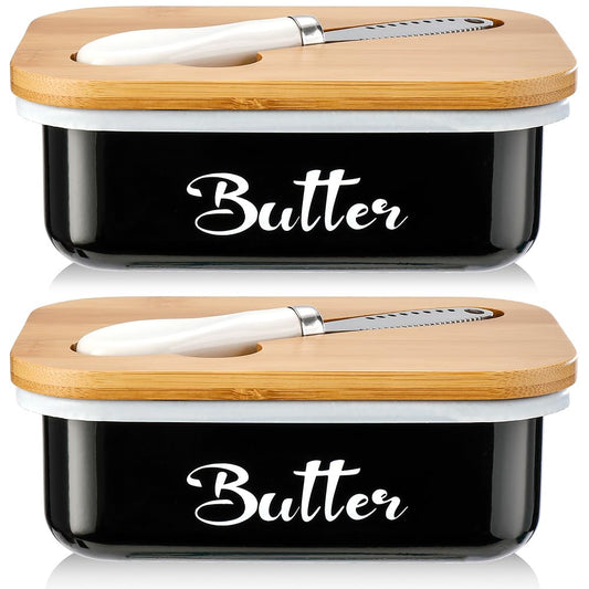 Butter Dish with Lid for Countertop, AISBUGUR Metal Butter Keeper with Stainless Steel Multipurpose Butter Knife, Butter Container with Double High-quality Silicone Good Kitchen Gift Set of 2 Black