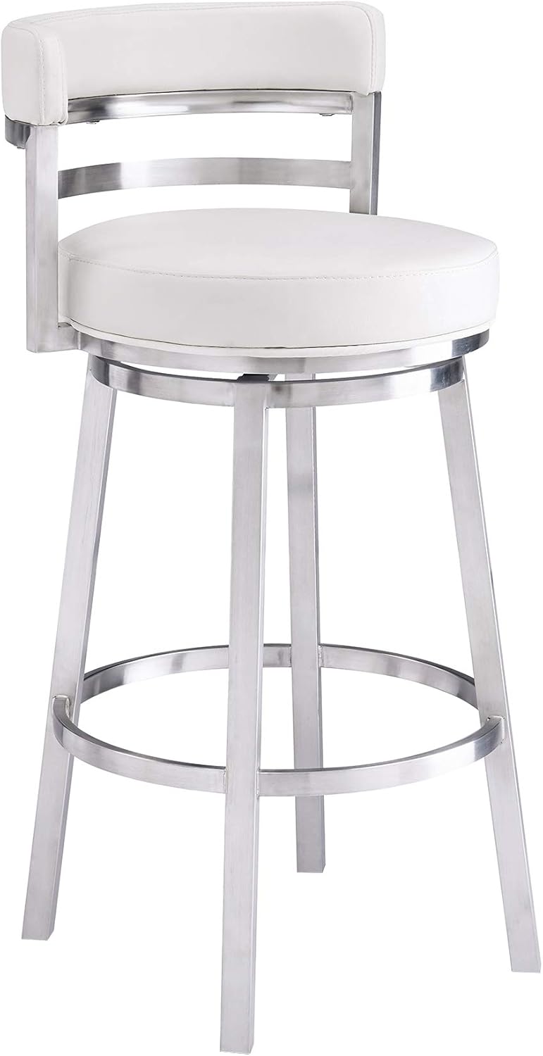 Armen Living Titana 26" Counter Height Swivel White Faux Leather and Brushed Stainless Steel Bar Stool
