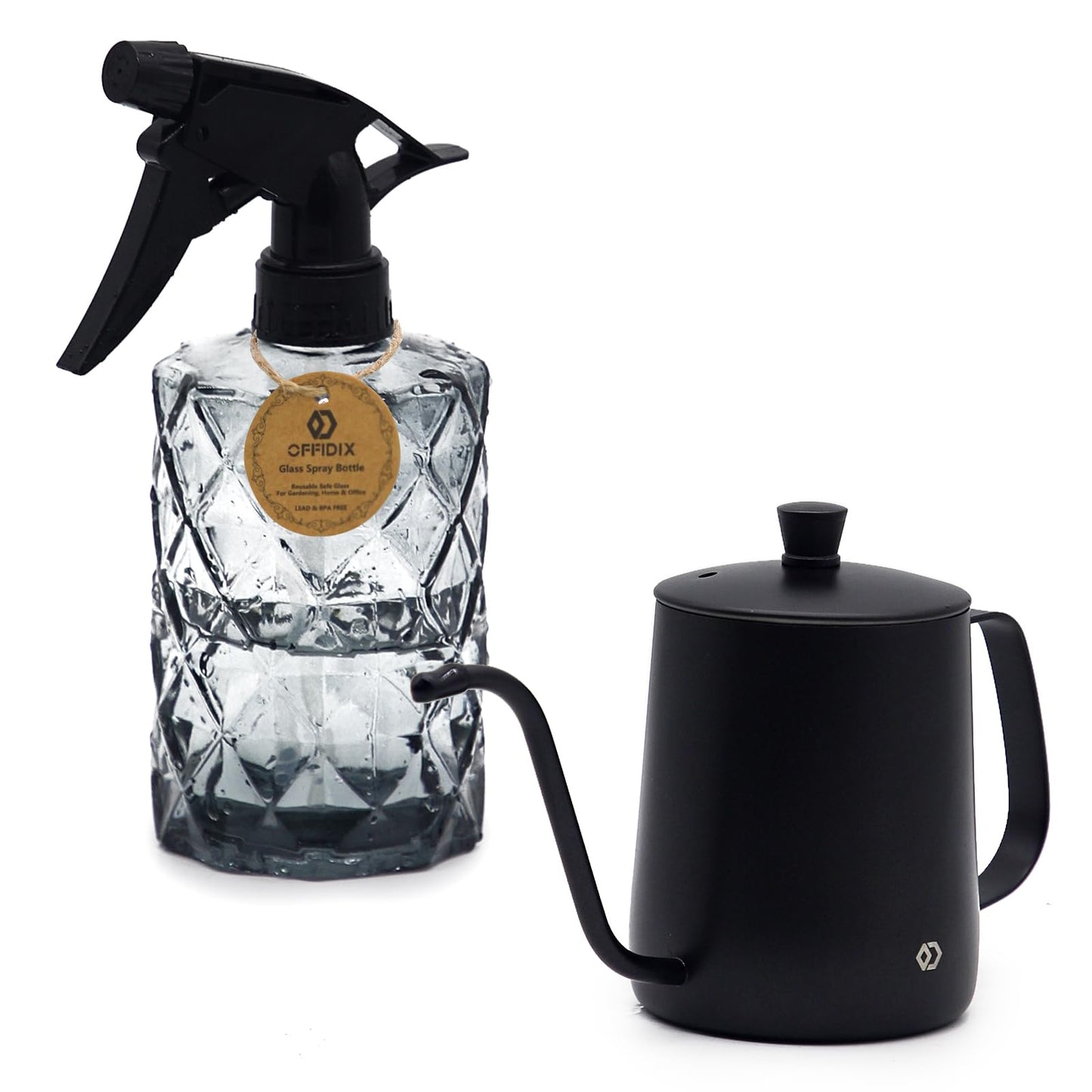 OFFIDIX Watering Can for Indoor Plants,Long Spout Metal Stainless Steel 21 oz Watering Can with 14 oz Glass Plant Mister Spray Bottle for Plant Bonsai