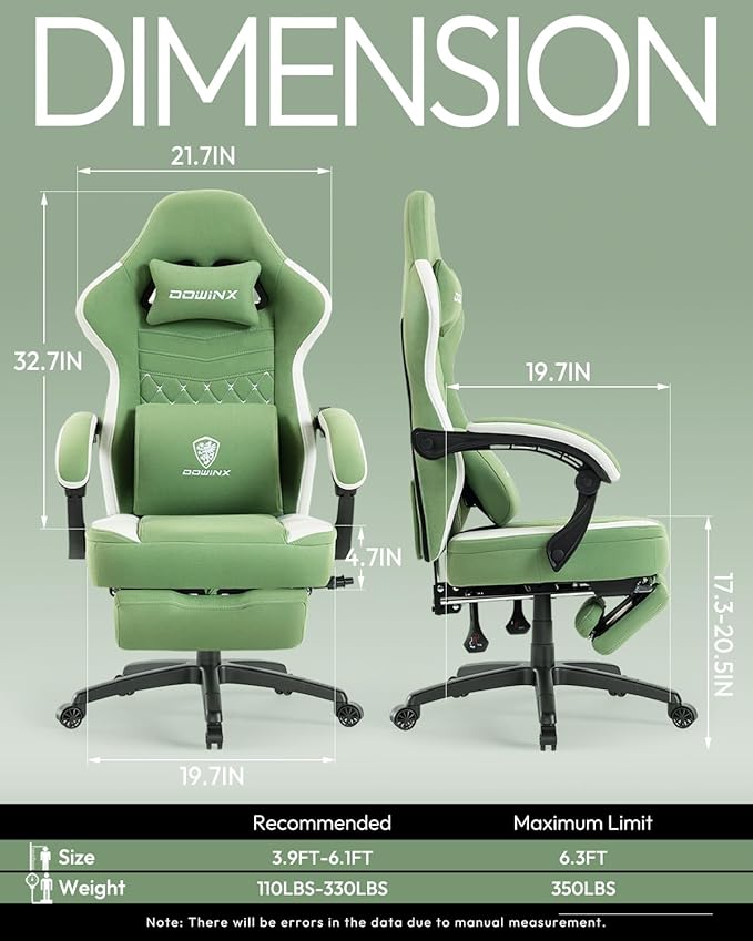 Dowinx Gaming Chair with Footrest, Breathable Fabric Gamer Chair with Gel Pad and Storage Bag, Ergonomic Office Chair with Lumbar Support for Home Task, Green
