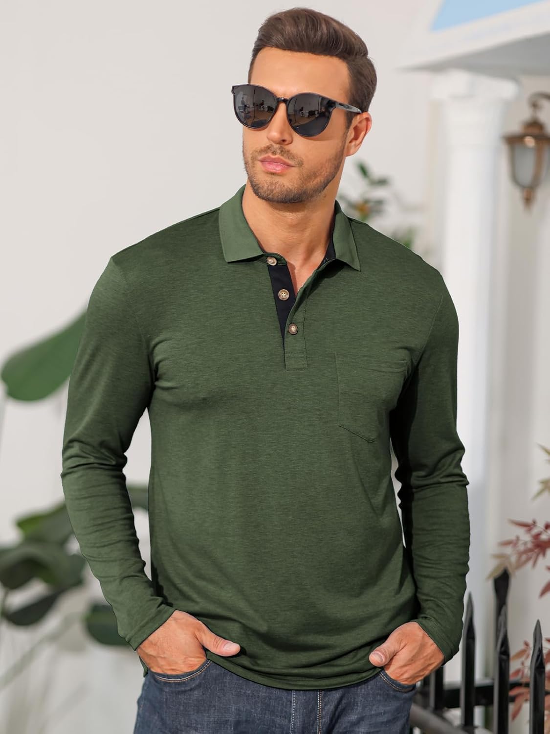 Mens Long Sleeve Polo Shirts Casual Moisture Wicking Golf Polo Shirts with Pocket