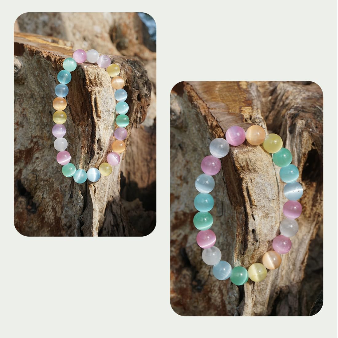 8mm Rainbow Selenite Bracelet - Iridescent Natural Crystal | Handmade Meditation Bracelet with Cat-Eye Effect | Come with Beading Tool Kit - Adjustable to 6.5-7.5 inches Wrist Size