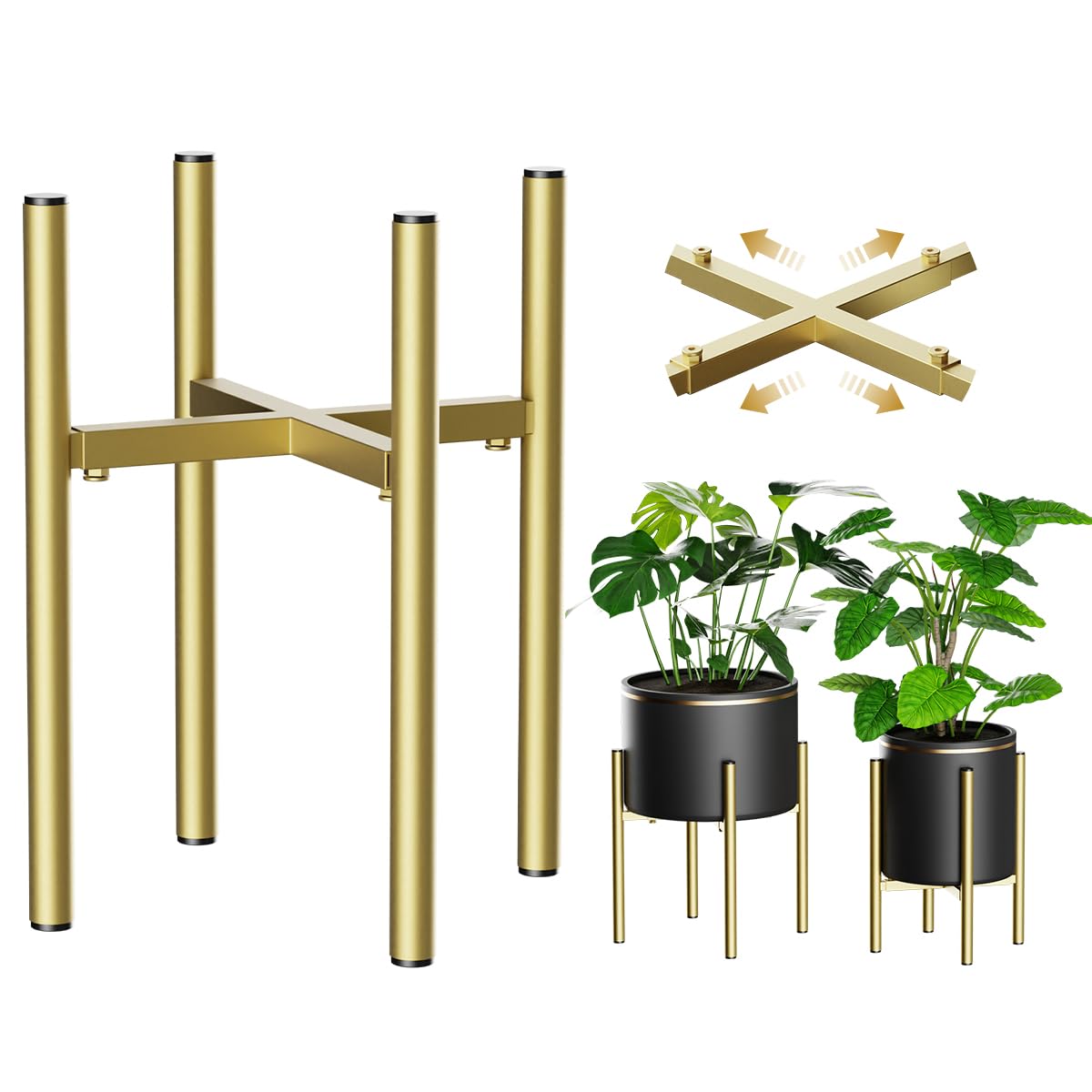 H HOMEXIN Adjustable Plant Stand Indoor, Metal Plant Stand 8 to 12 Inches, Single Floor Plant Pot Stand Mid Century Plant Holder for Indoor Outdoor Plants - Gold (Pot Not Include